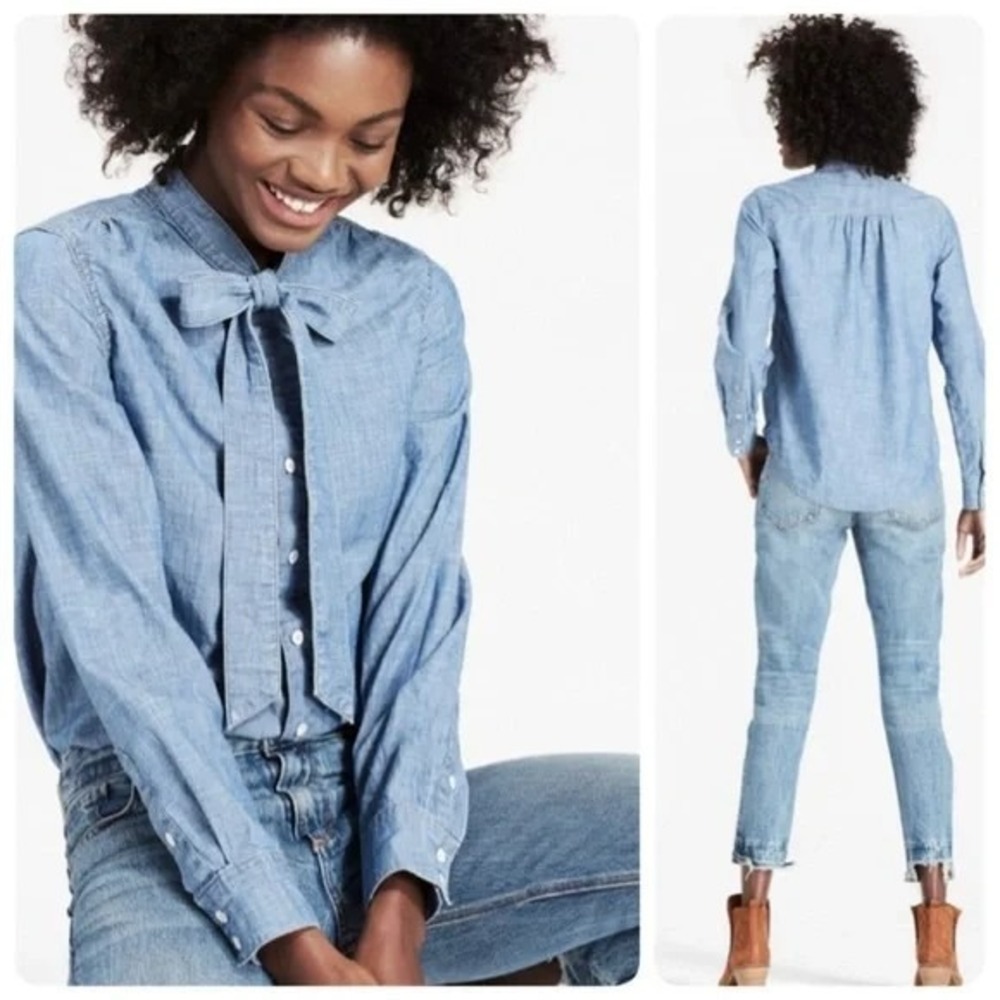 Lucky Brand Light Blue Chambray Button-Down Tie-Neck Shirt